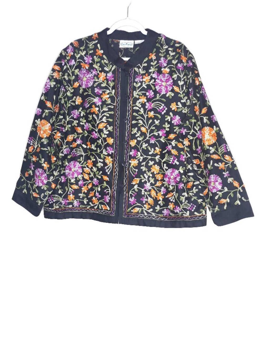 Vtg Boho Silk Embroidered Floral Boxy Jacket XL Lightweight Vtg Patchington